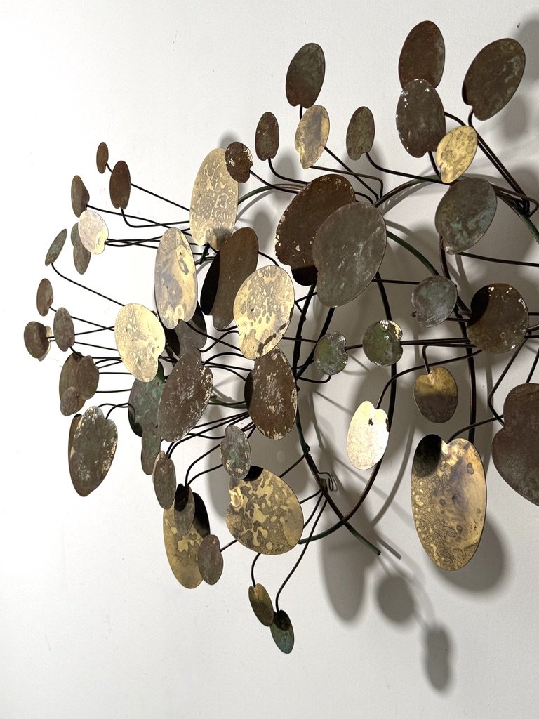 vintage mid century modern curtis jere brass abstract wall sculpture wall art raindrops lily pad organic abstract metal wall sculpture three dimensional metal wall hanging