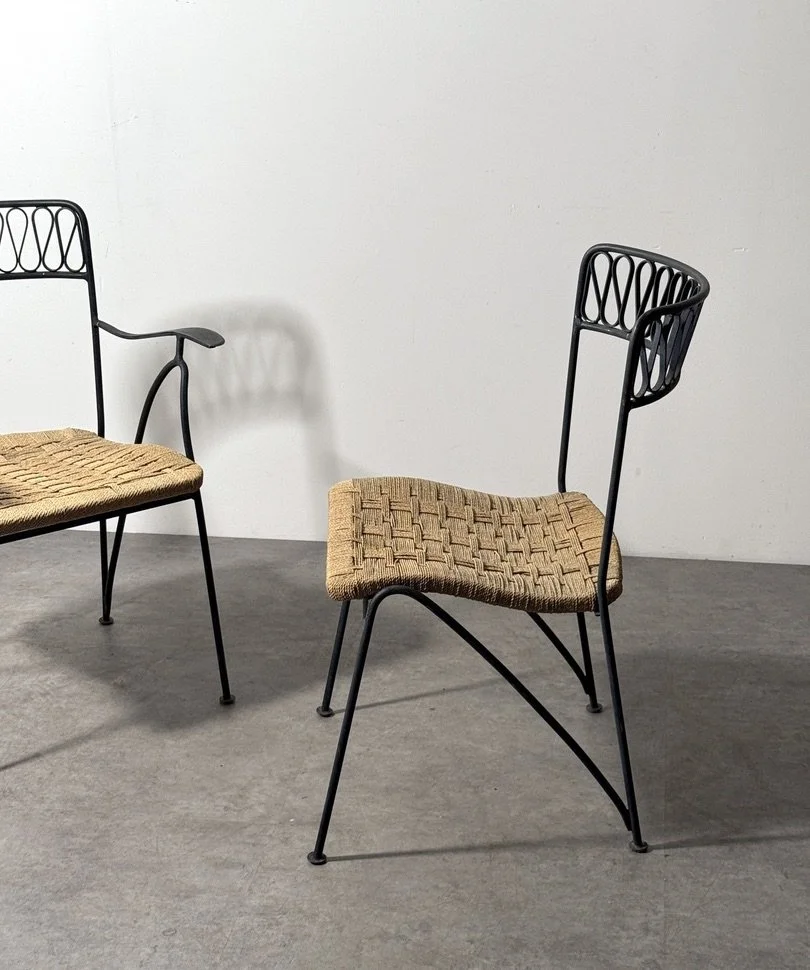 vintage mid century modern italian outdoor dining chairs wroght iron woven seat bistro chairs tempestini salterini ribbon chairs set rare italian outdoor chairs sculptural iron patio chairs