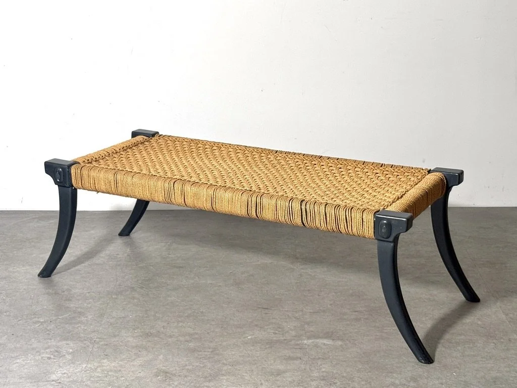 vintage mid century modern sculptural bench greek klismos leg robsjohn gibbings widdicomb saber leg sabre leg unique rare rope woven cord seat entryway bench