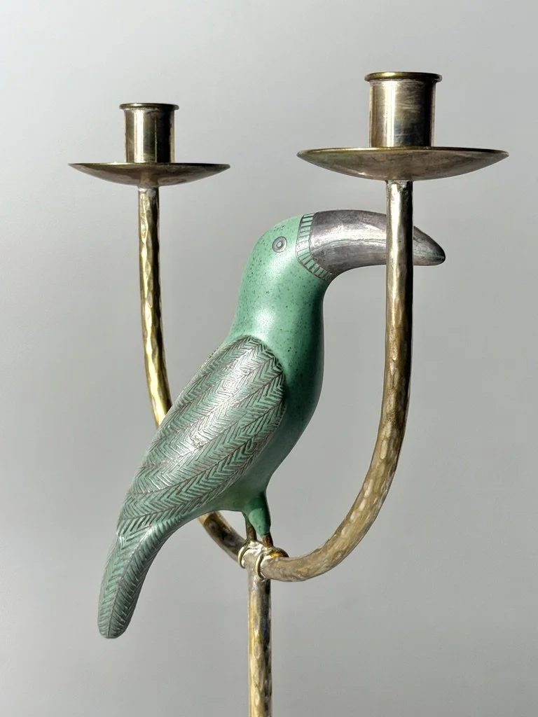 vintage mid century modern sterling silver mexican candle holders emilia castillo parrot candelabras los castillo candlesticks turquoise lapis bird rare candlesticks mexican modern taxco signed