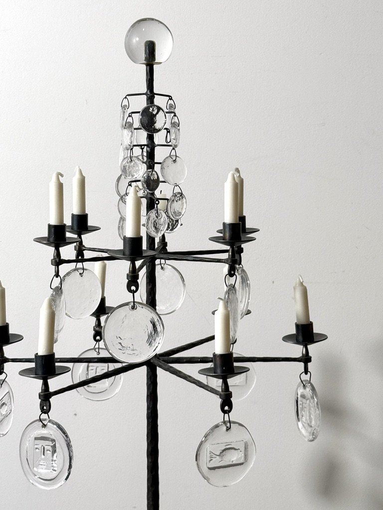 vintage mid century modern brutalist floor lamp floor standing candelabra candelabrum rare unique gothic forged iron hammered iron glass pendant chandelier floor lamp