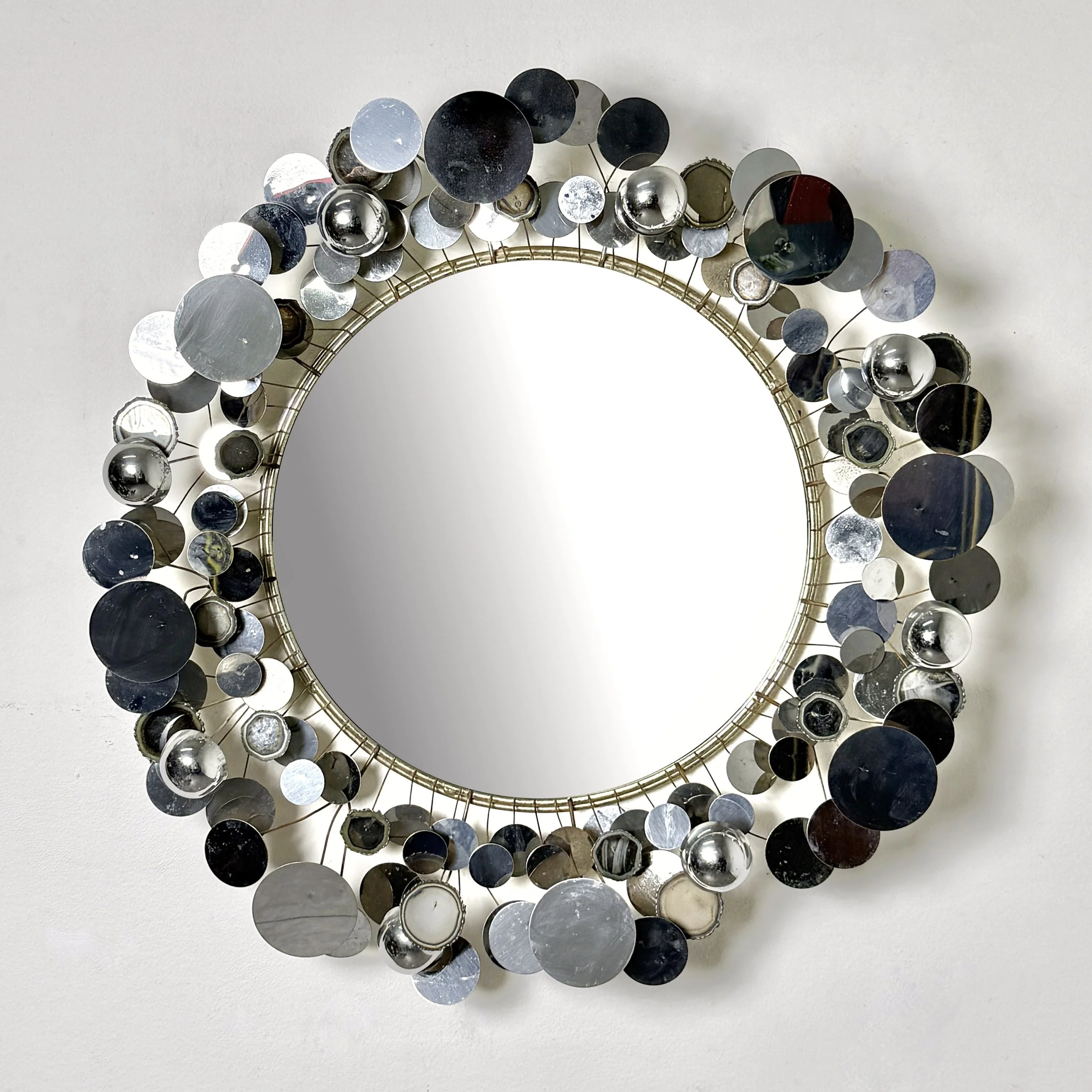 vintage mid century modern detroit michigan curtis jere chrome raindrops wall art sculpture mirror round three dimensional pop art sculpture 1970s