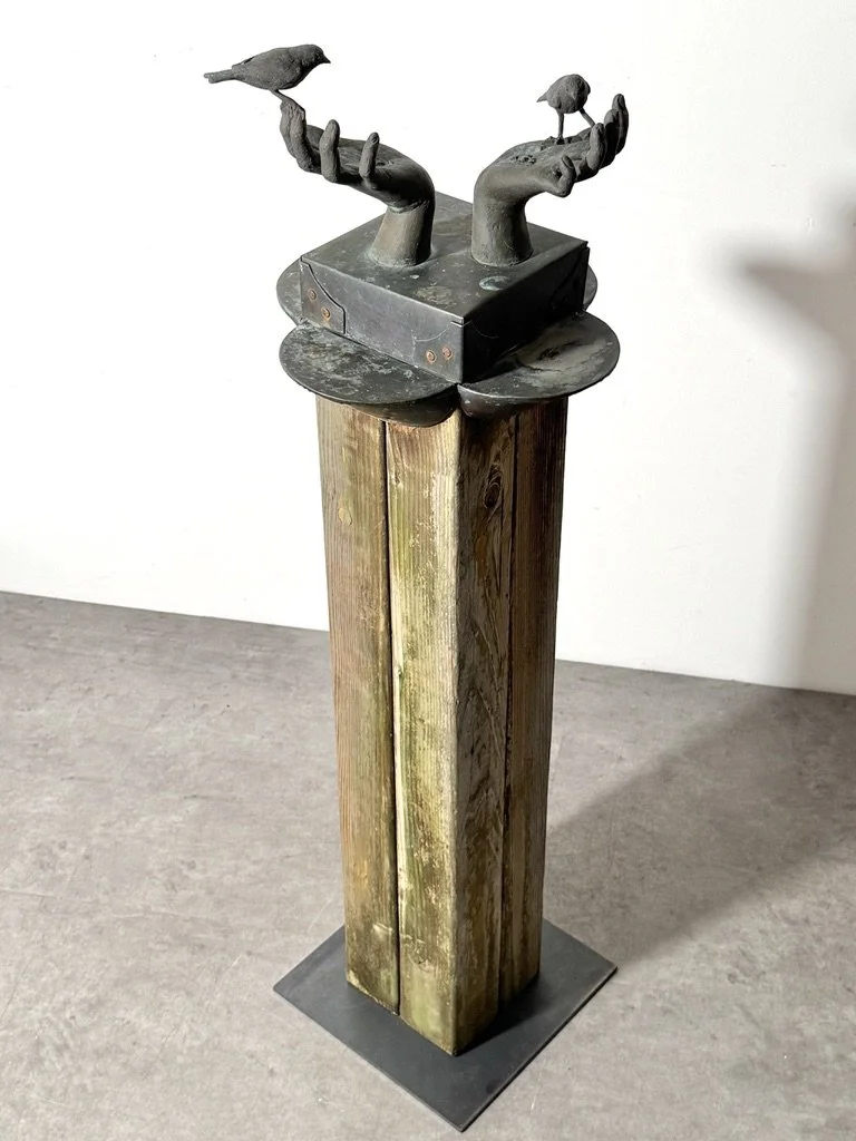 vintage mid century modern bronze totem floor sculpture birds hands bronze abstract surrealist sculpture unique garden outdoor sculpture organic rare stephen veresh