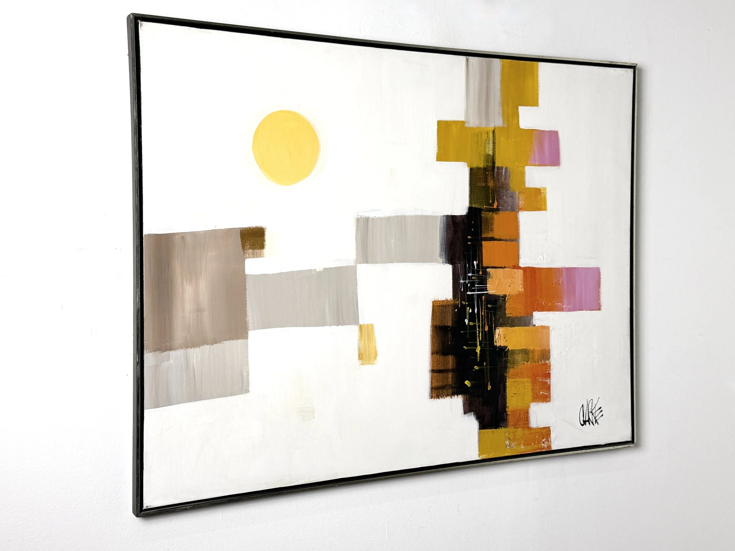 vintage mid century modern detroit michigan original abstract modernist oil painting large cityscape colorful art wall art geometric landscape colorblock painting