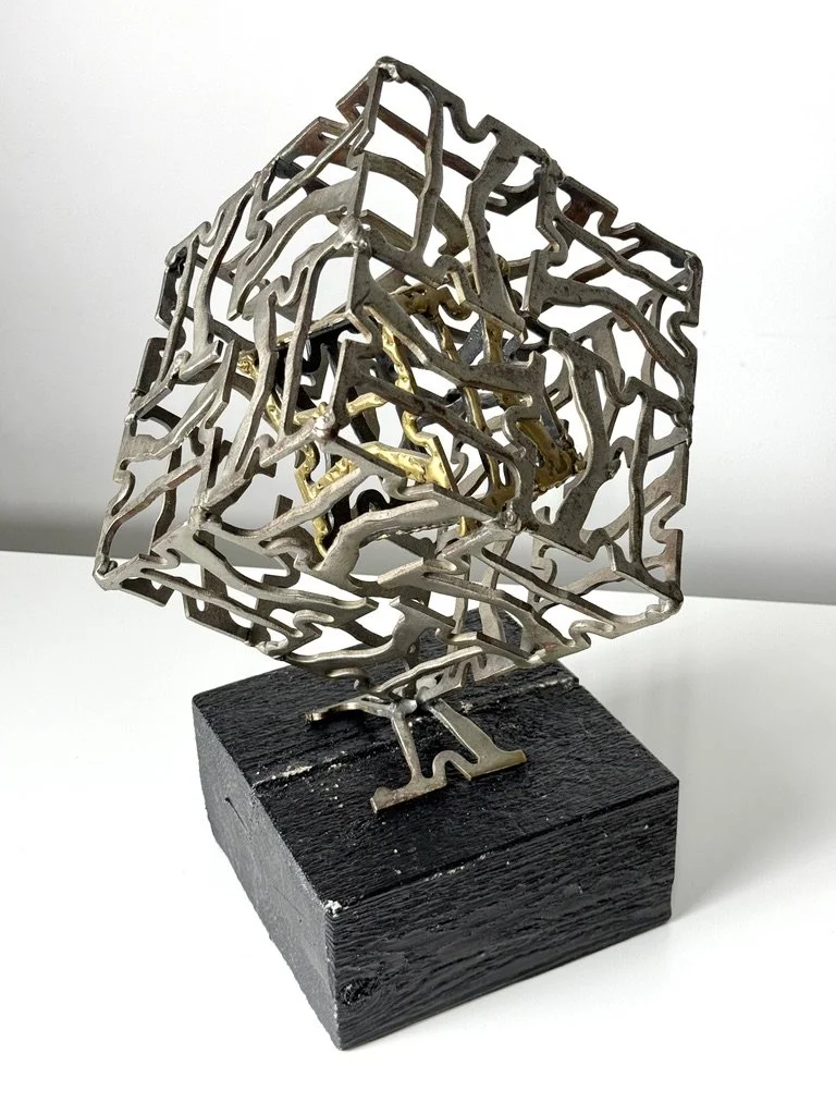 vintage mid century modern abstract metal cube sculpture steel brass welded large tabletop brutalist sculpture modernist geometric original sculpture