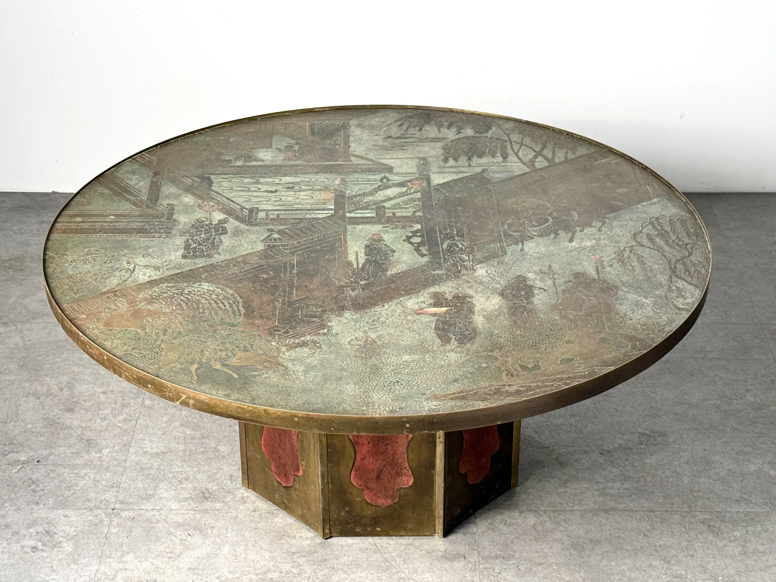vintage mid century modern laverne bronze round coffee table cocktail table brass asian acid etched coffee table rare sculptural coffee table brass