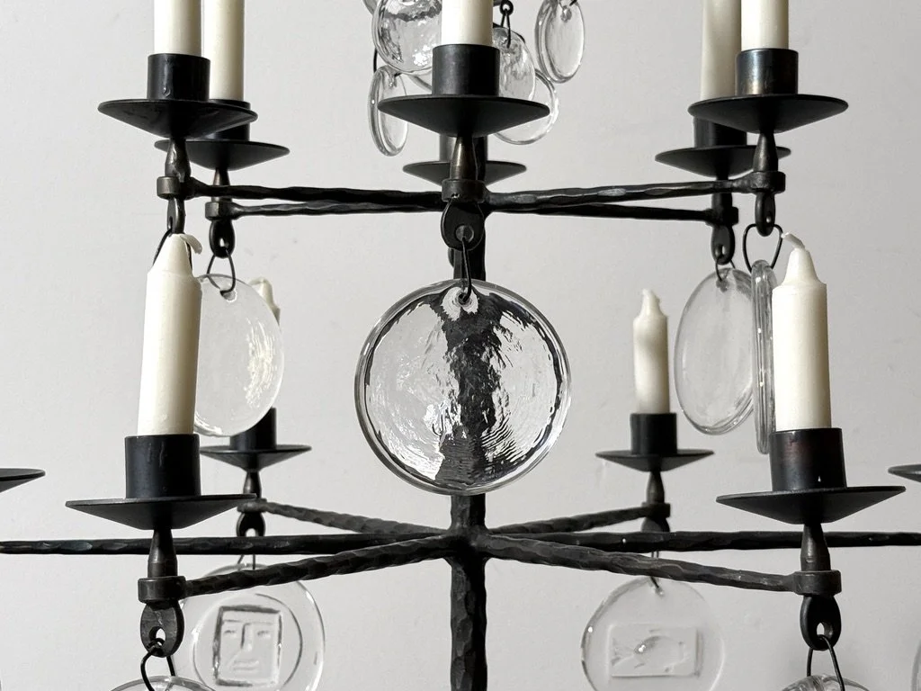 vintage mid century modern brutalist floor lamp floor standing candelabra candelabrum rare unique gothic forged iron hammered iron glass pendant chandelier floor lamp