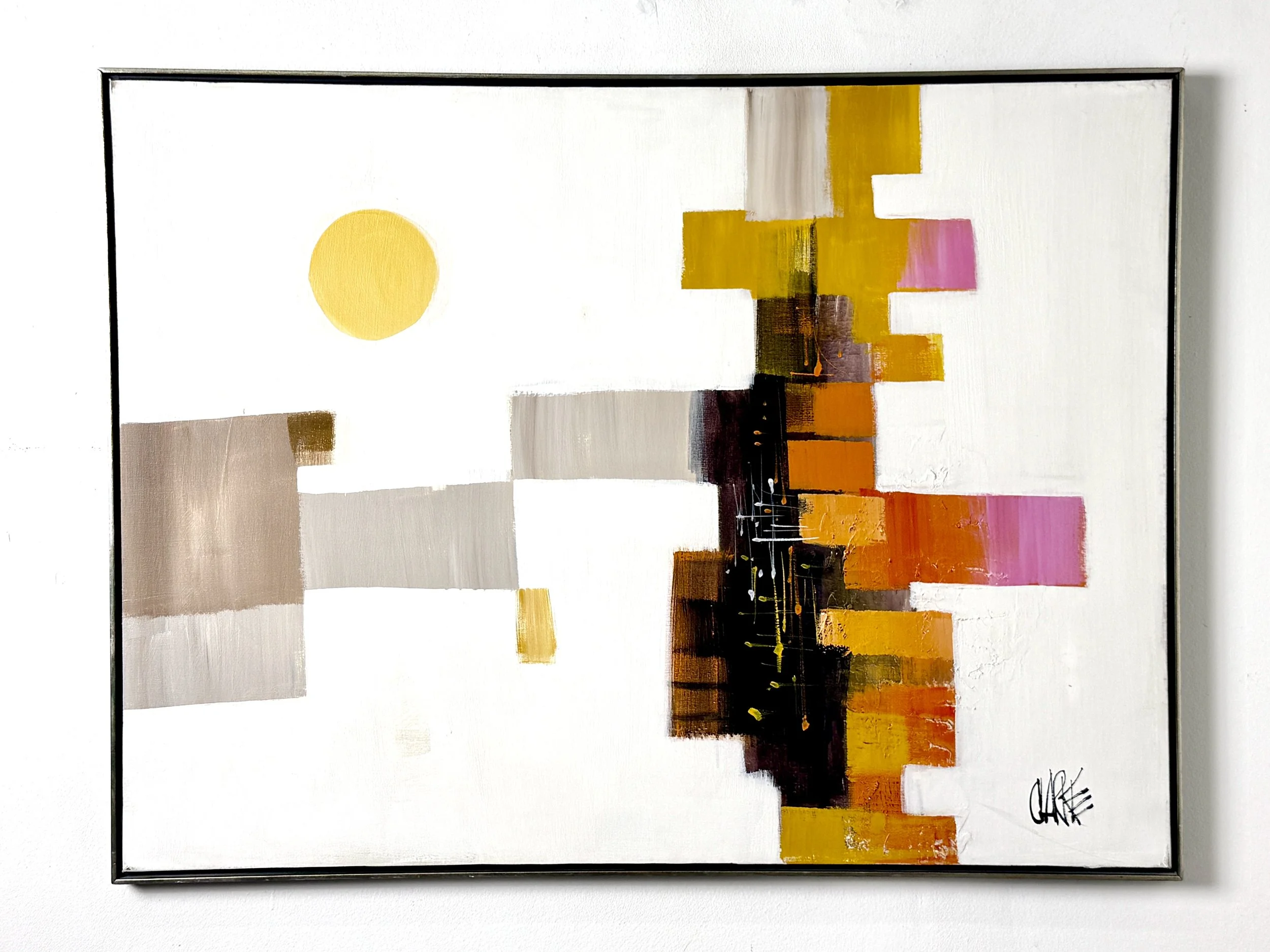 vintage mid century modern detroit michigan original abstract modernist oil painting large cityscape colorful art wall art geometric landscape colorblock painting