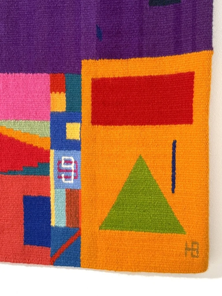 vintage mid century modern colorful abstract tapestry fiber art wall hanging evelyn ackerman postmodern contemporary wall hanging
