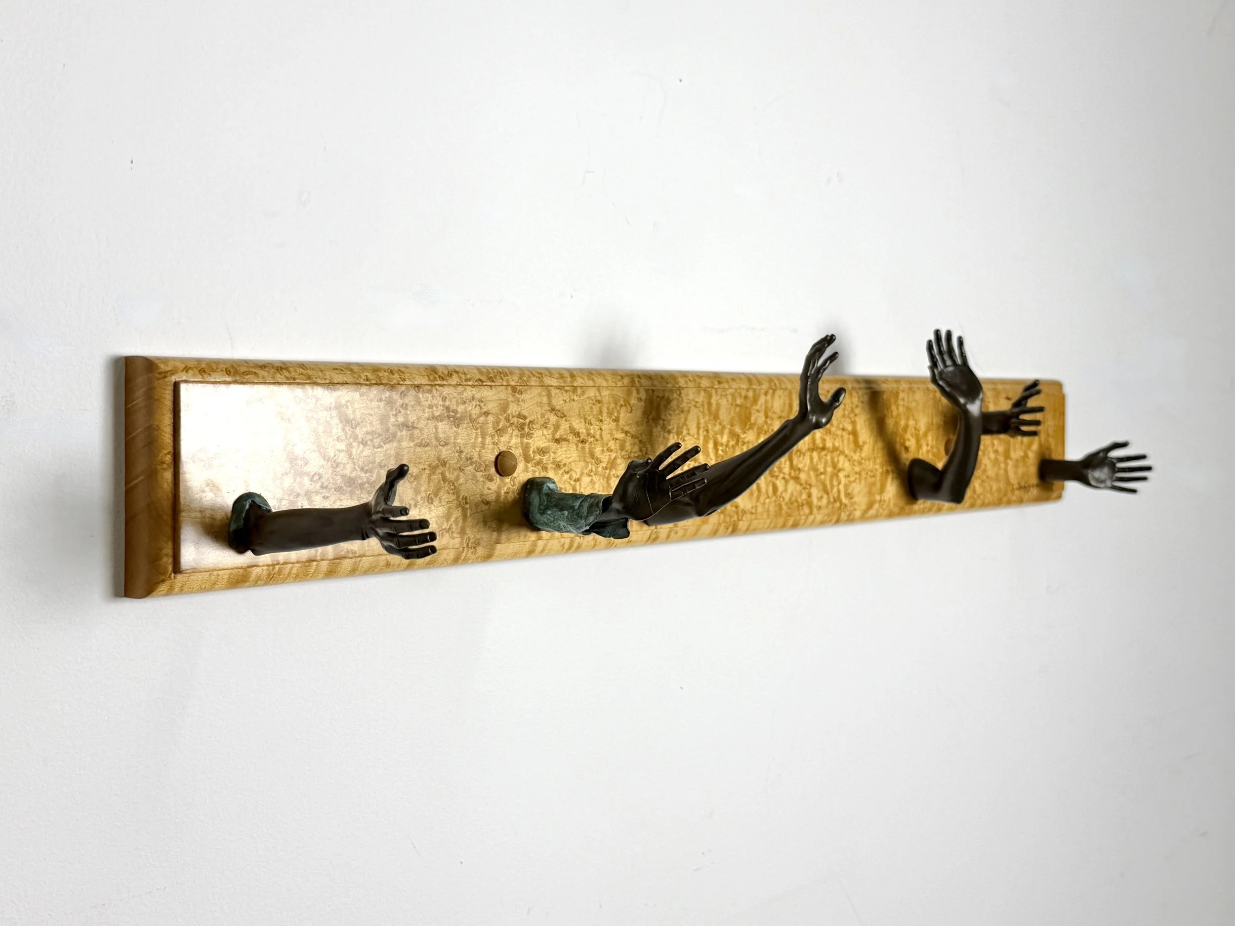 vintage mid century modern detroit michigan american studio craft birdsye maple wall mounted coat rack hook surrealist bronze hands wall hooks carl aubock unique rare vintage objects