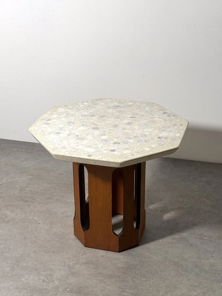 vintage mid century modern travertine terrazzo side table column base pedestal table side table end table occasional table octagon harvey probber dunbar art deco architectural sculptural table