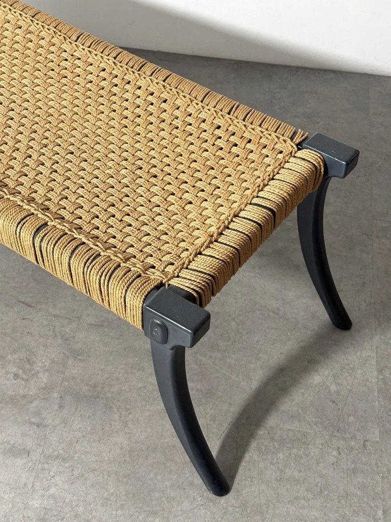 vintage mid century modern sculptural bench greek klismos leg robsjohn gibbings widdicomb saber leg sabre leg unique rare rope woven cord seat entryway bench