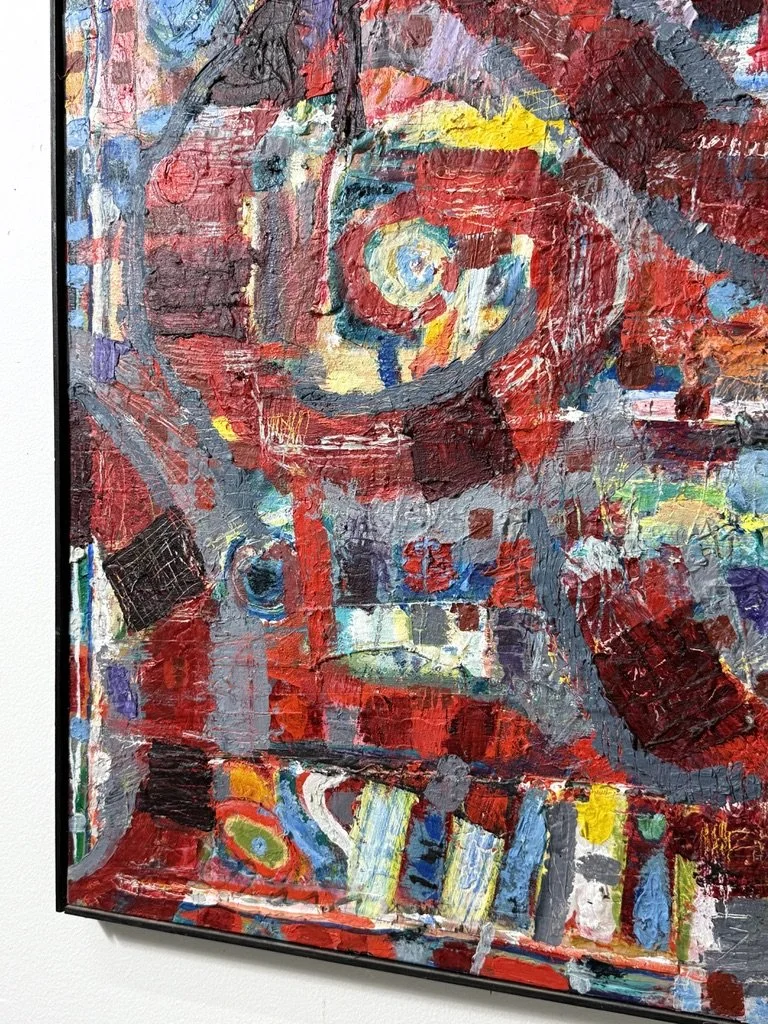 vintage mid century modern original abstract oil painting red large oversized 5 ft painting colorful multi color street art brutalist art large painting