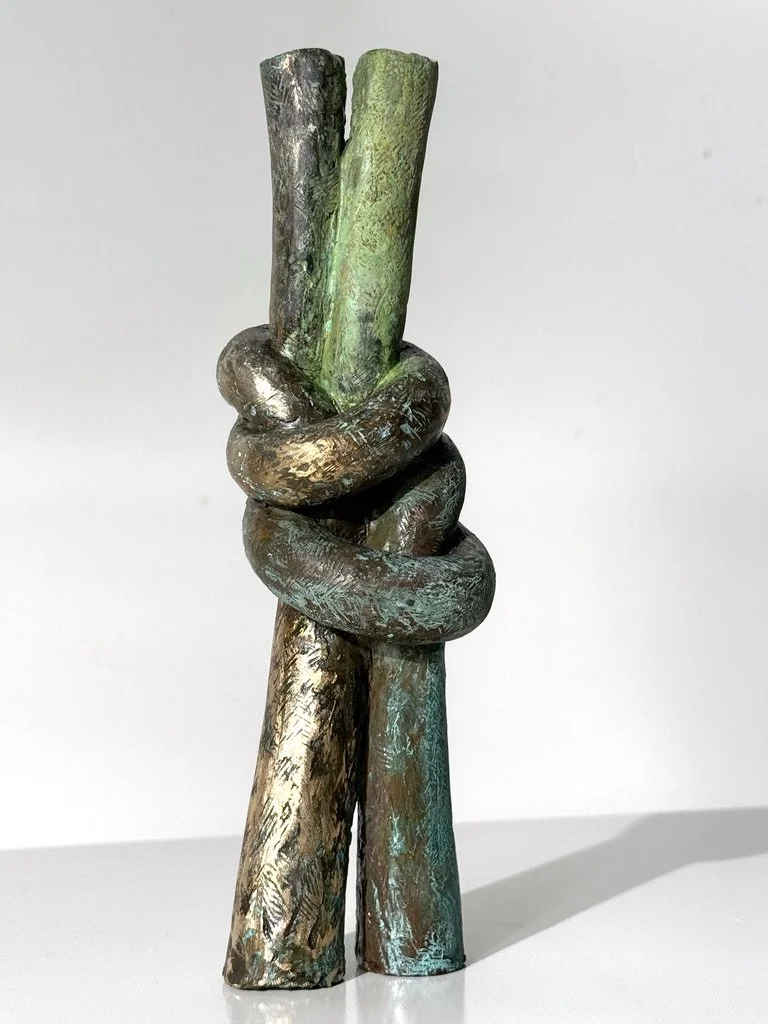 vintage mid century modern abstract bronze narrow sculpture verdigris patina knot sculpture cranbrook detroit artist unique table top sculpture solid bronze