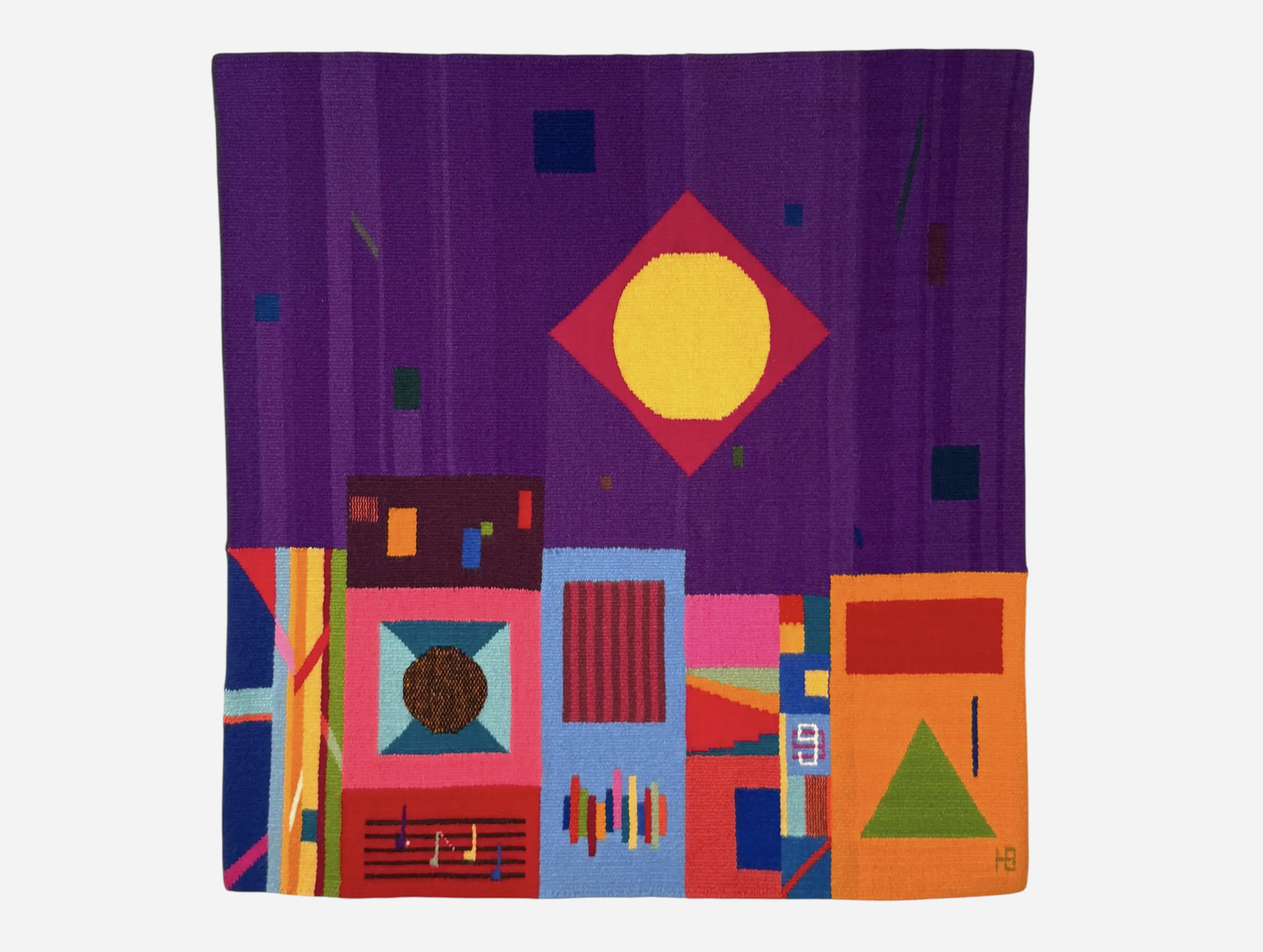 Modern Colorful Geometric Fiber Art Wool Tapestry Wall Hanging by Helga Berry
