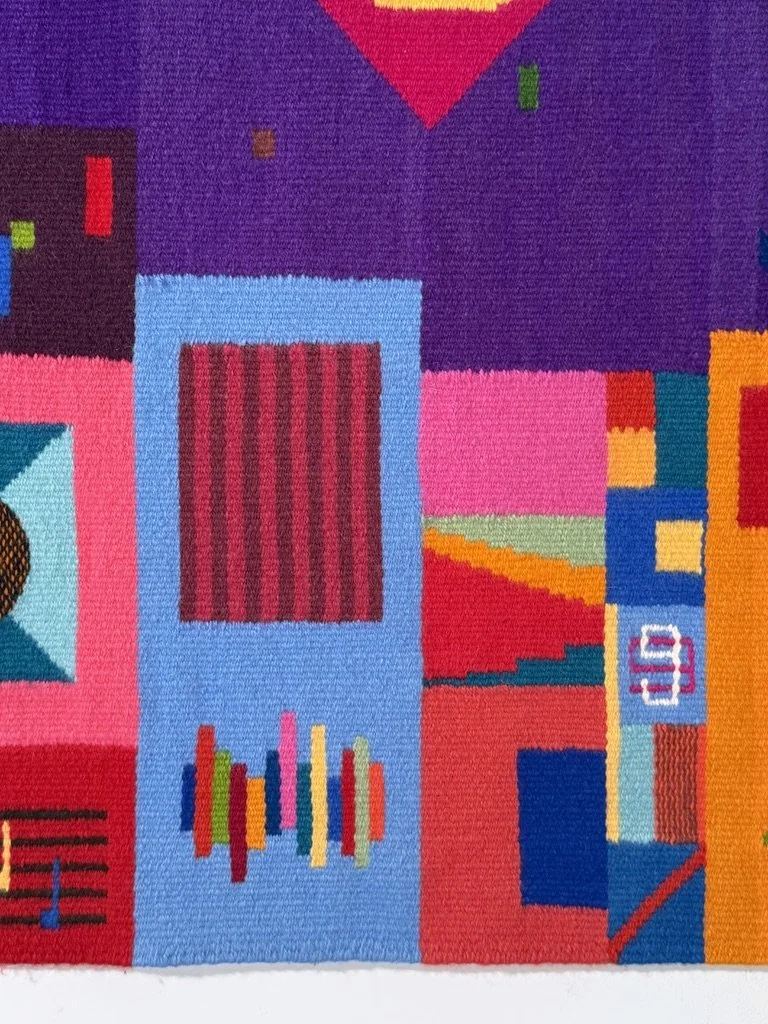 vintage mid century modern colorful abstract tapestry fiber art wall hanging evelyn ackerman postmodern contemporary wall hanging
