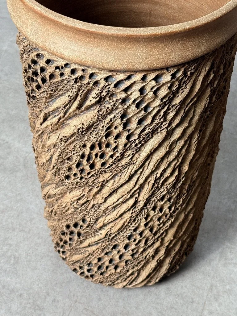 vintage mid century modern stoneware ceramic sculptural planter textured anne goldman david cressey stan bitters modernist rare unqiue tall cylinder planter