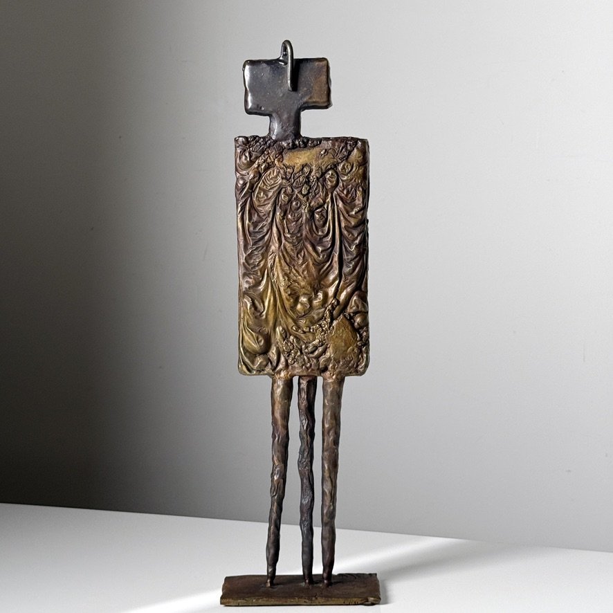 Abstract Modernist Bronze Sculpture Figural with Brutalist Relief Texture 1970s