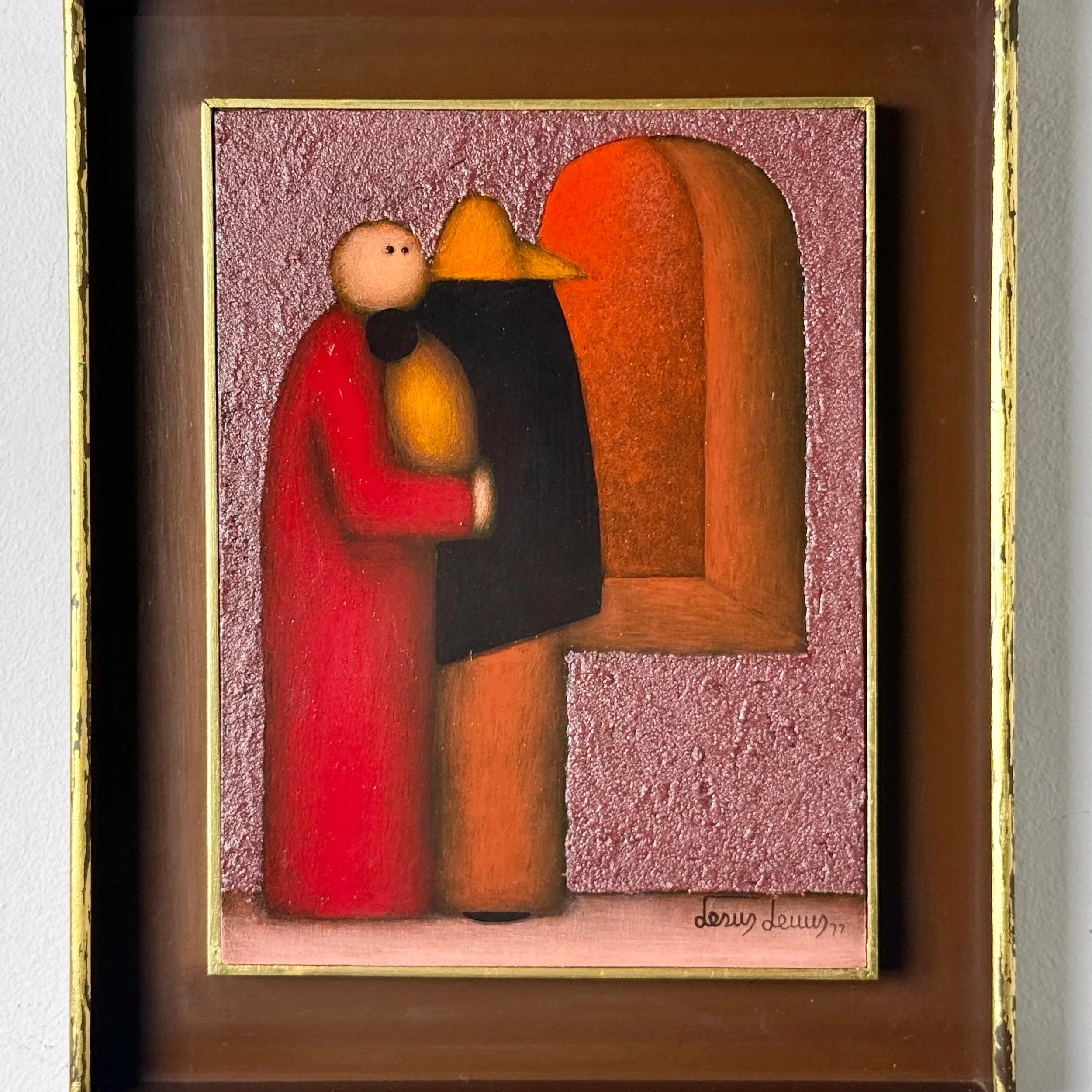 vintage mid century modern mexican oil painting original painting Jesus Leuus modernist painting surrealist figural boho painting 1960s