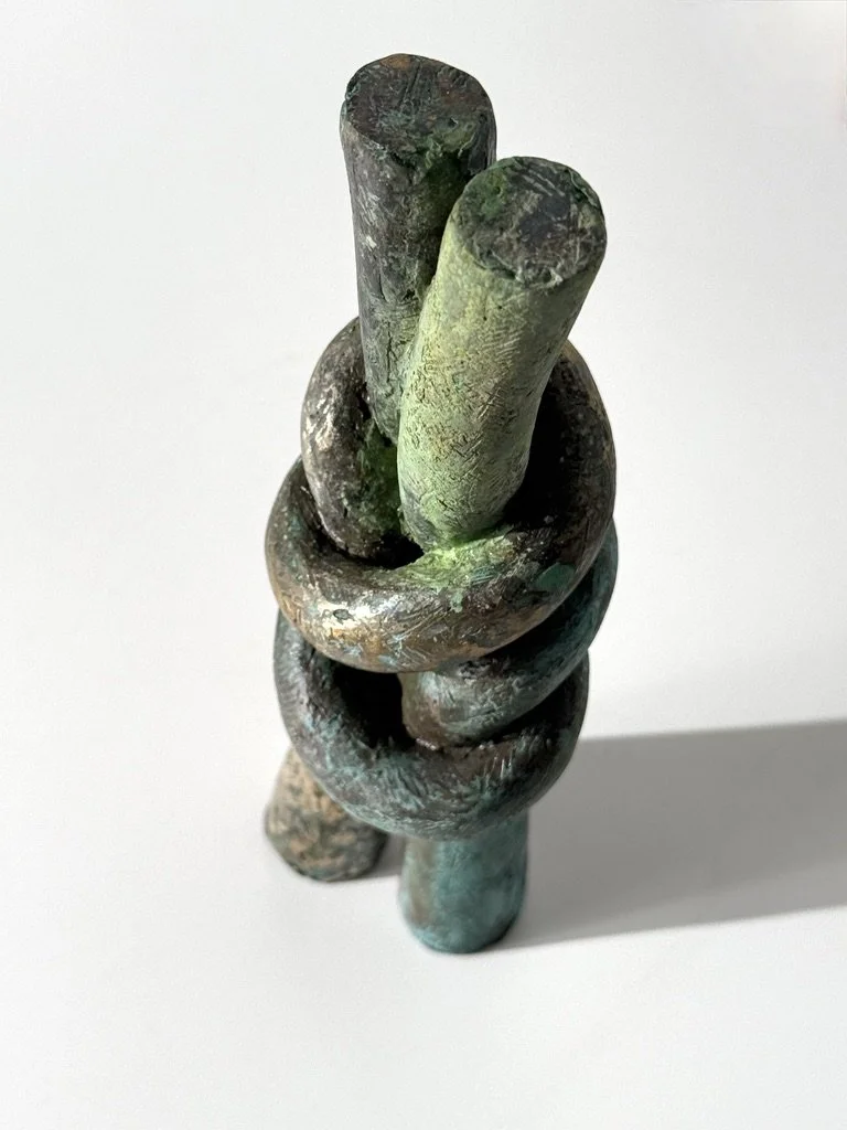 vintage mid century modern abstract bronze narrow sculpture verdigris patina knot sculpture cranbrook detroit artist unique table top sculpture solid bronze