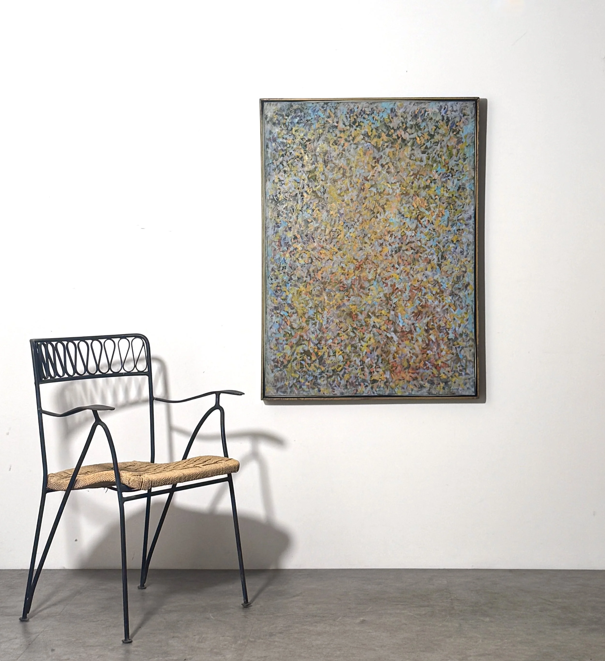 vintage mid century modern original abstract oil painting signed cranbrook detroit blue organic rare modernist unique colorful multi color abstract painting muted