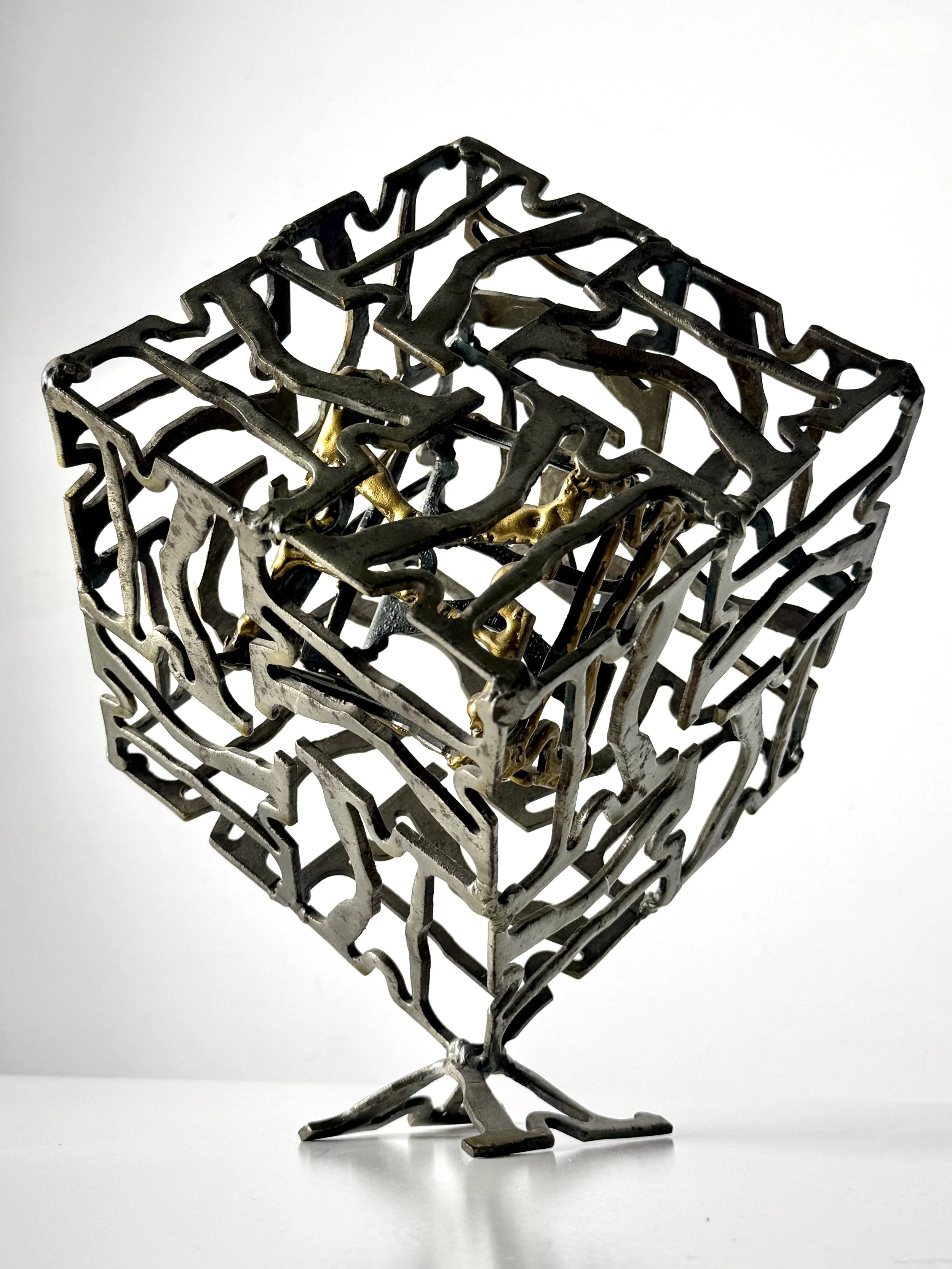 vintage mid century modern abstract metal cube sculpture steel brass welded large tabletop brutalist sculpture modernist geometric original sculpture