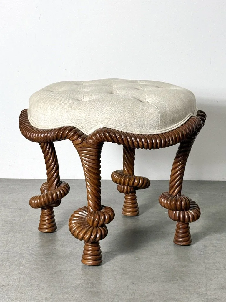 vintage mid century modern unique sculptural rare vanity stool carved wood rope knot twist decorative occasional stool bunny williams rope stool ballard designs