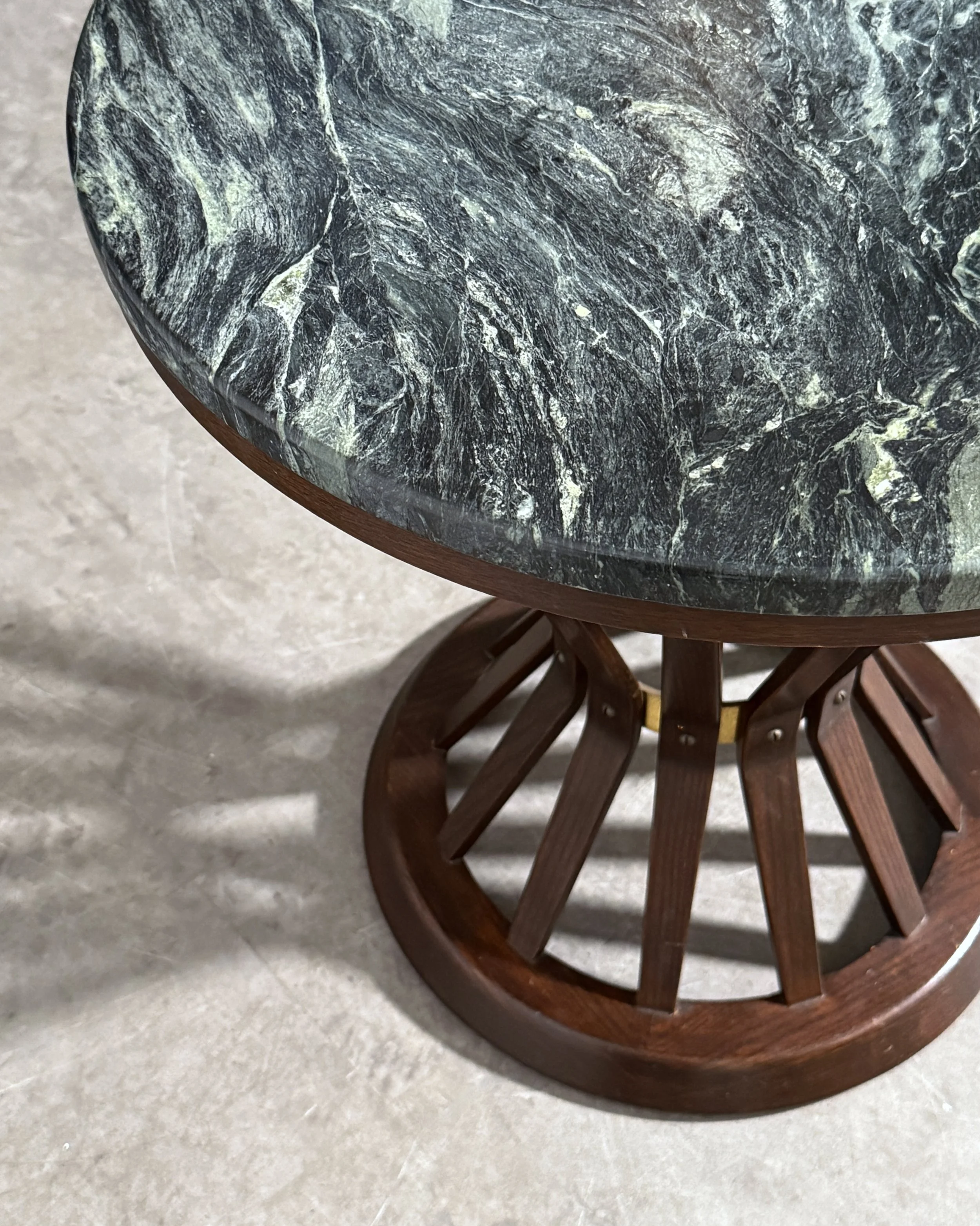 vintage mid century modern round side table green marble dark wood sculptural side table rare unique table occasional table edward wormley dunbar italian marble side table vintage modern table