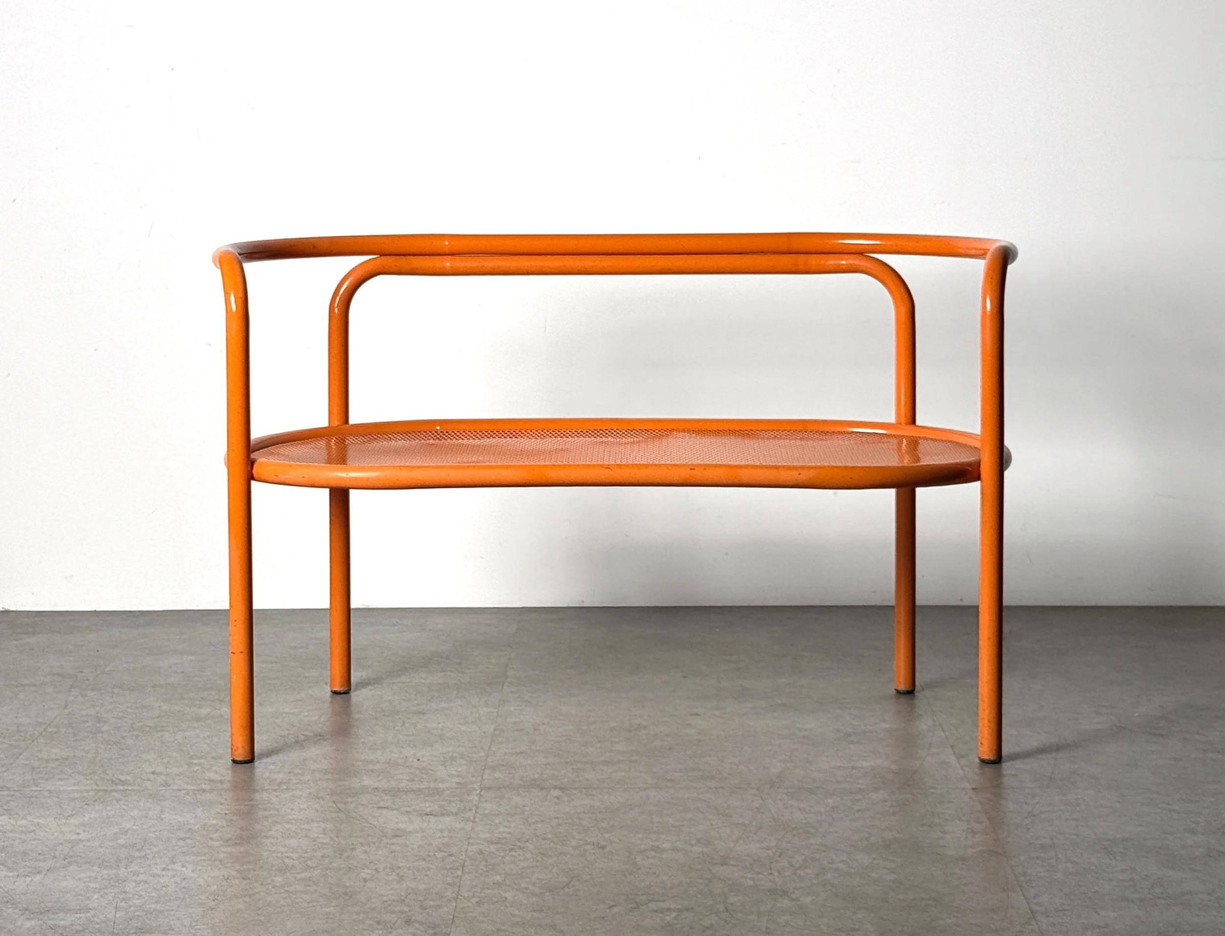 vintage mid century modern detroit michigan italian french patio outdoor bench settee modernist orange perforated metal bench pop art space age post modern seating