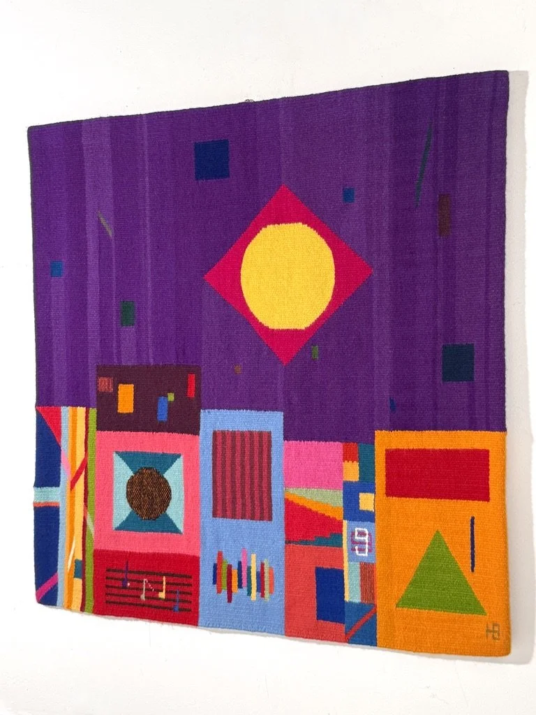 vintage mid century modern colorful abstract tapestry fiber art wall hanging evelyn ackerman postmodern contemporary wall hanging