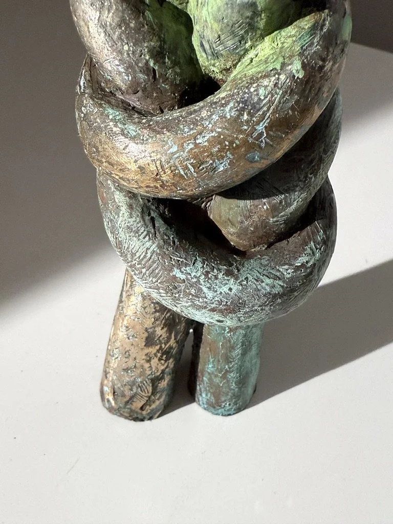 vintage mid century modern abstract bronze narrow sculpture verdigris patina knot sculpture cranbrook detroit artist unique table top sculpture solid bronze