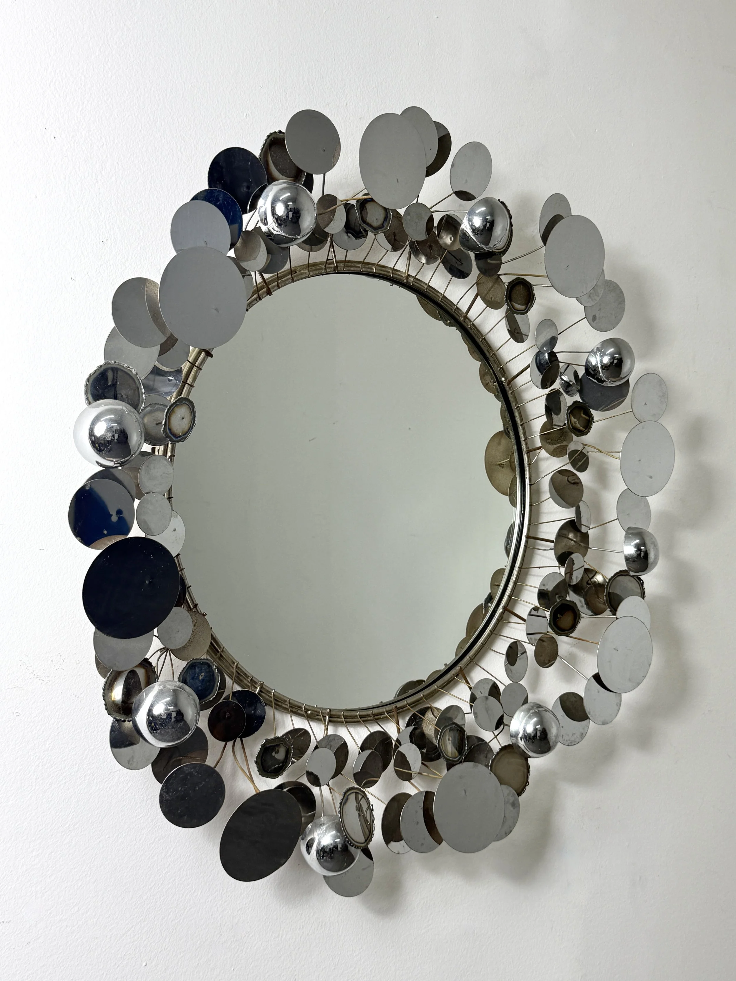 vintage mid century modern detroit michigan curtis jere chrome raindrops wall art sculpture mirror round three dimensional pop art sculpture 1970s