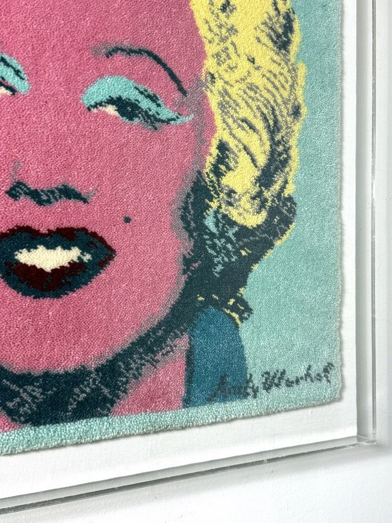 vintage andy warhol original signed tapestry wall sculpture wall hanging marilyn monroe pop art textile painting shadowbox frame pop art lucite authentic warhol art