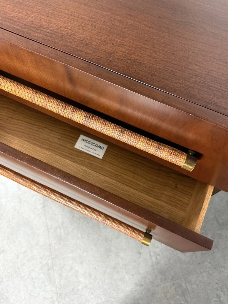vintage mid century modern original robsjohn gibbings widdicomb dresser chest of drawers, dunbar dresser, brass leg italian dresser, cane handles 1950s