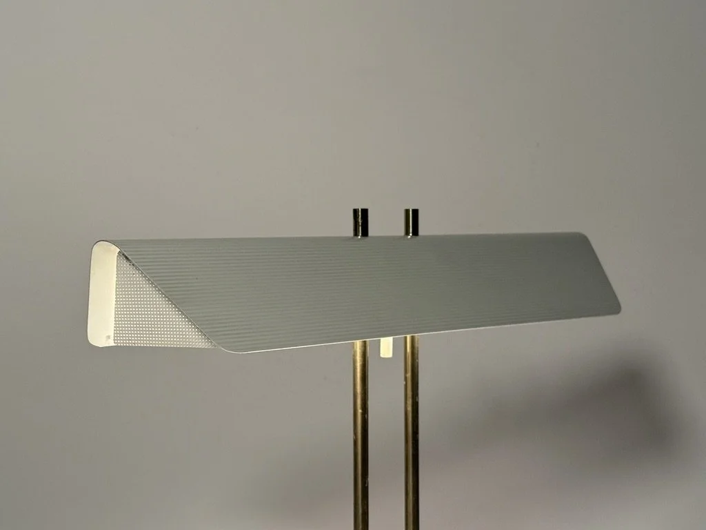vintage mid century modern desk lamp paul mccobb table lamp white enamel brass canopy desk lamp 1950s architectural modern table lamp perforated greta von nessen studio rare