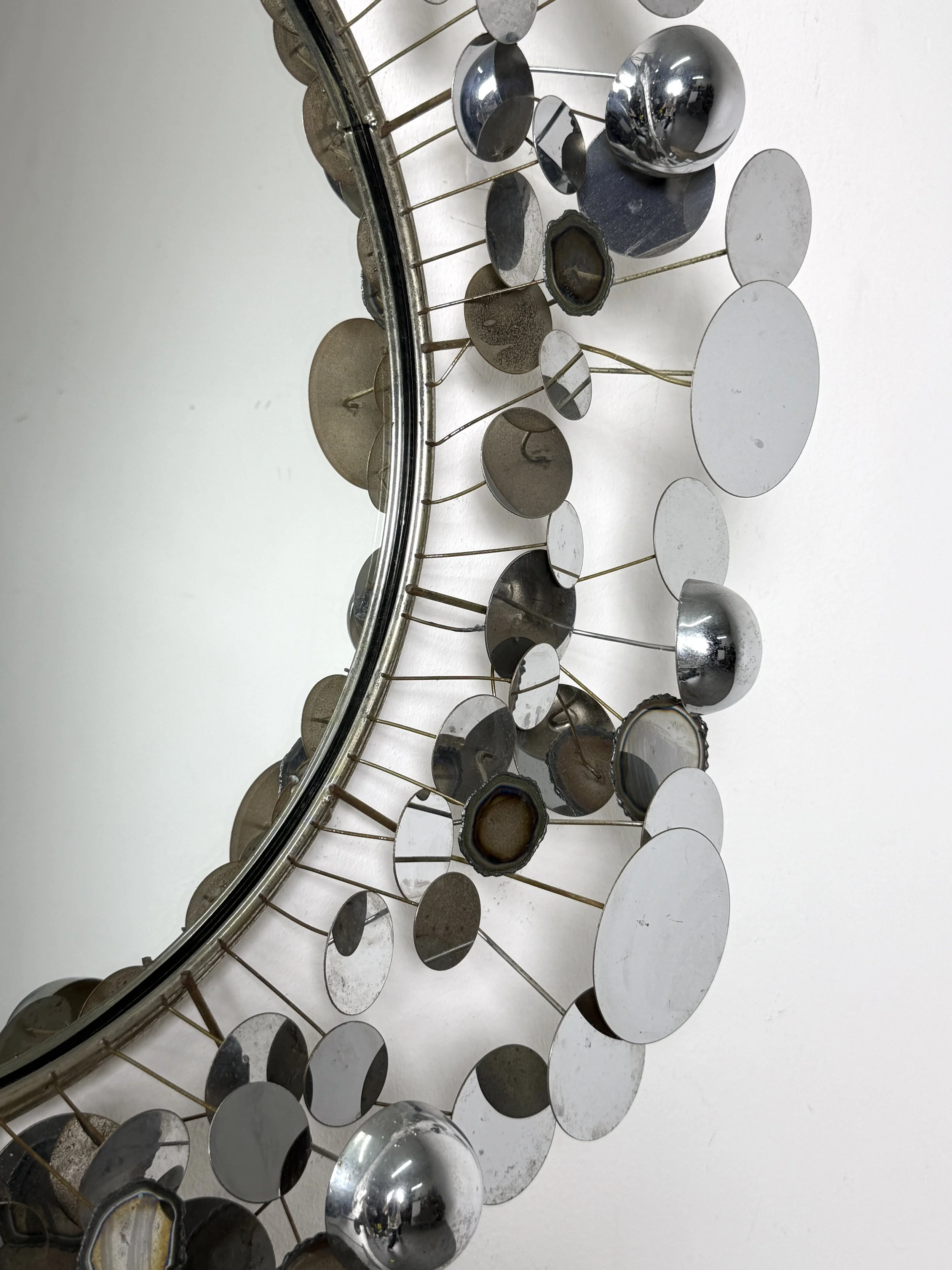vintage mid century modern detroit michigan curtis jere chrome raindrops wall art sculpture mirror round three dimensional pop art sculpture 1970s