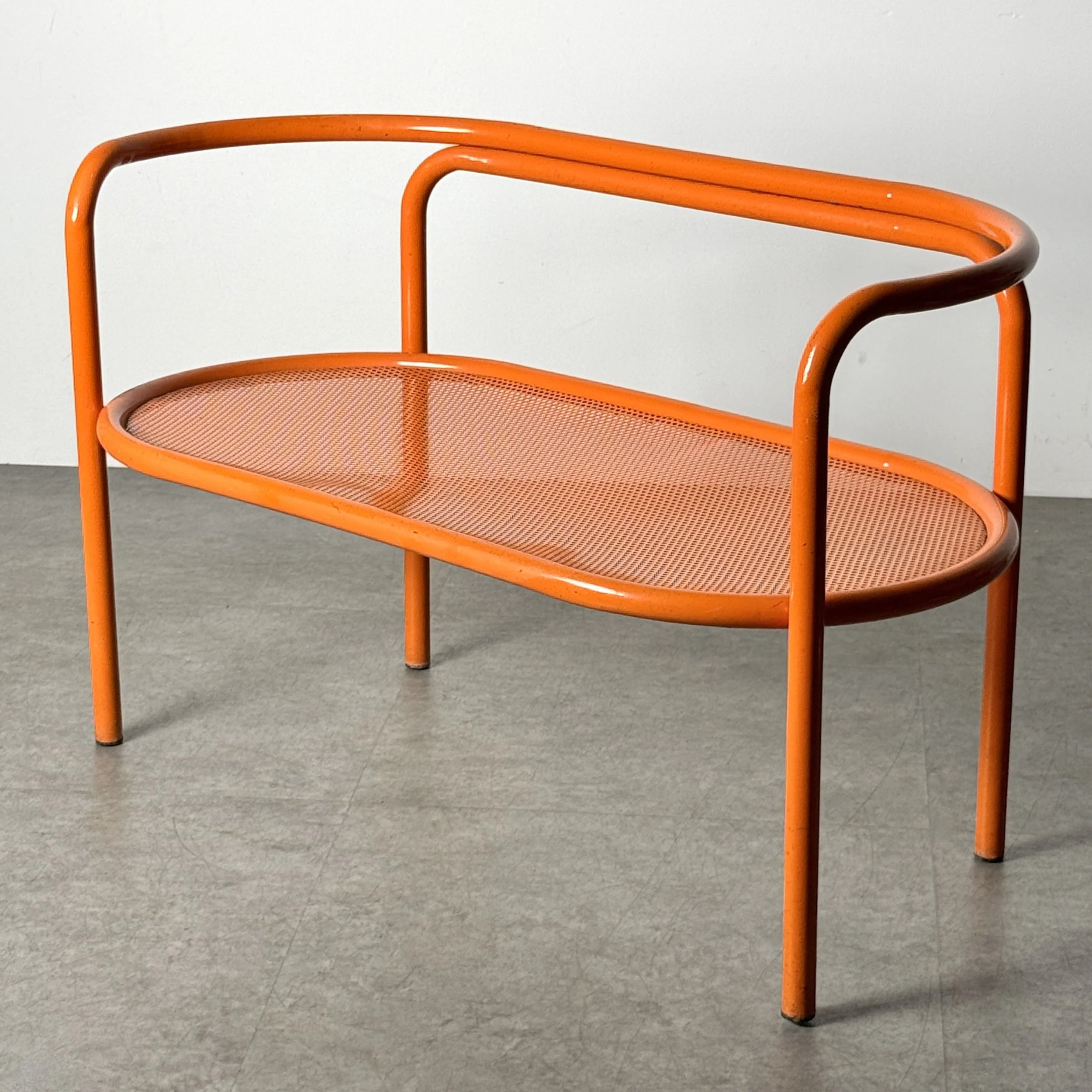 vintage mid century modern detroit michigan italian french patio outdoor bench settee modernist orange perforated metal bench pop art space age post modern seating