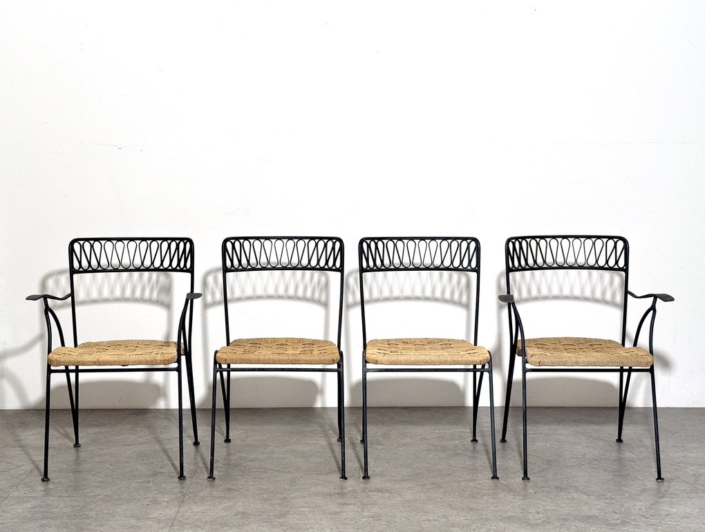 vintage mid century modern italian outdoor dining chairs wroght iron woven seat bistro chairs tempestini salterini ribbon chairs set rare italian outdoor chairs sculptural iron patio chairs