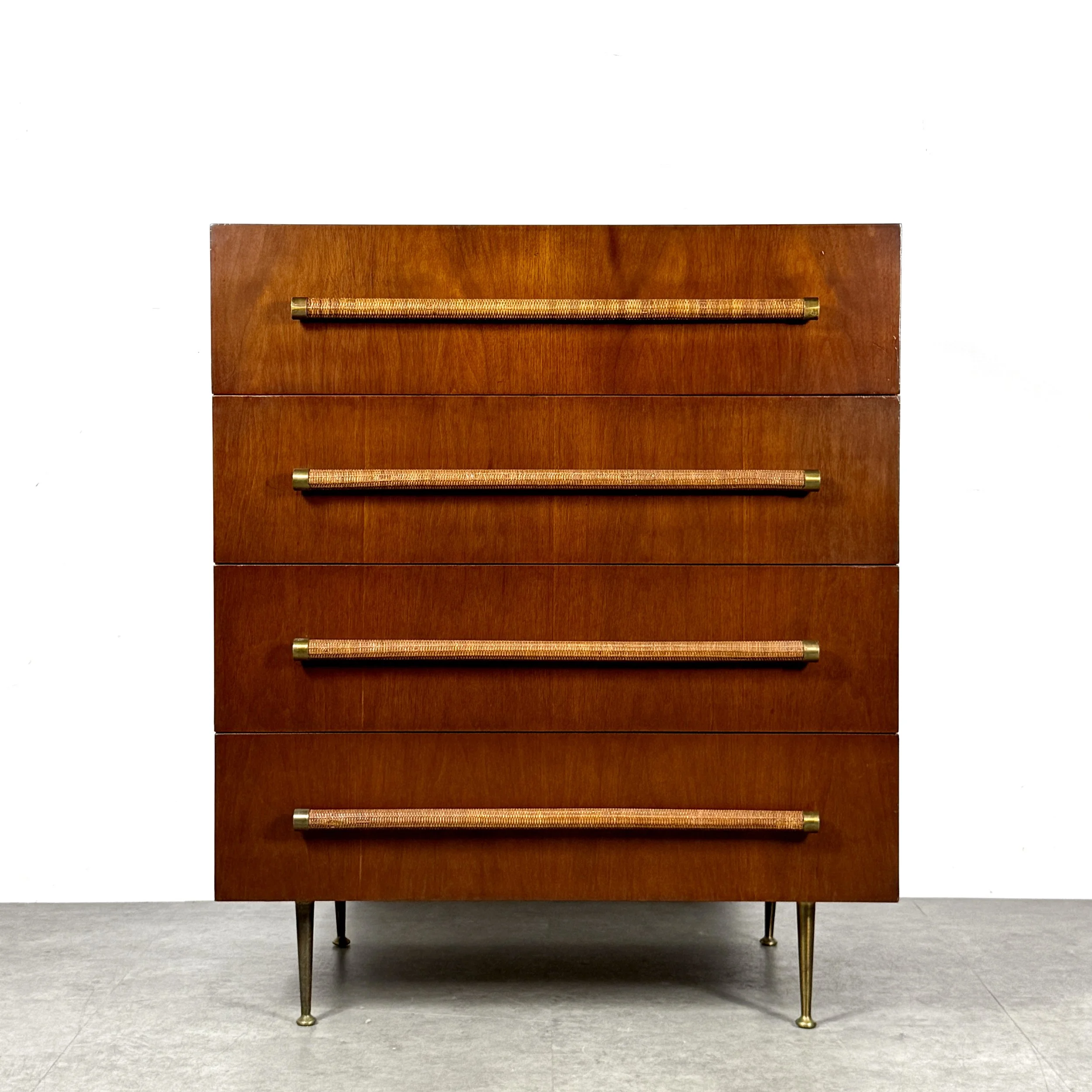 vintage mid century modern original robsjohn gibbings widdicomb dresser chest of drawers, dunbar dresser, brass leg italian dresser, cane handles 1950s