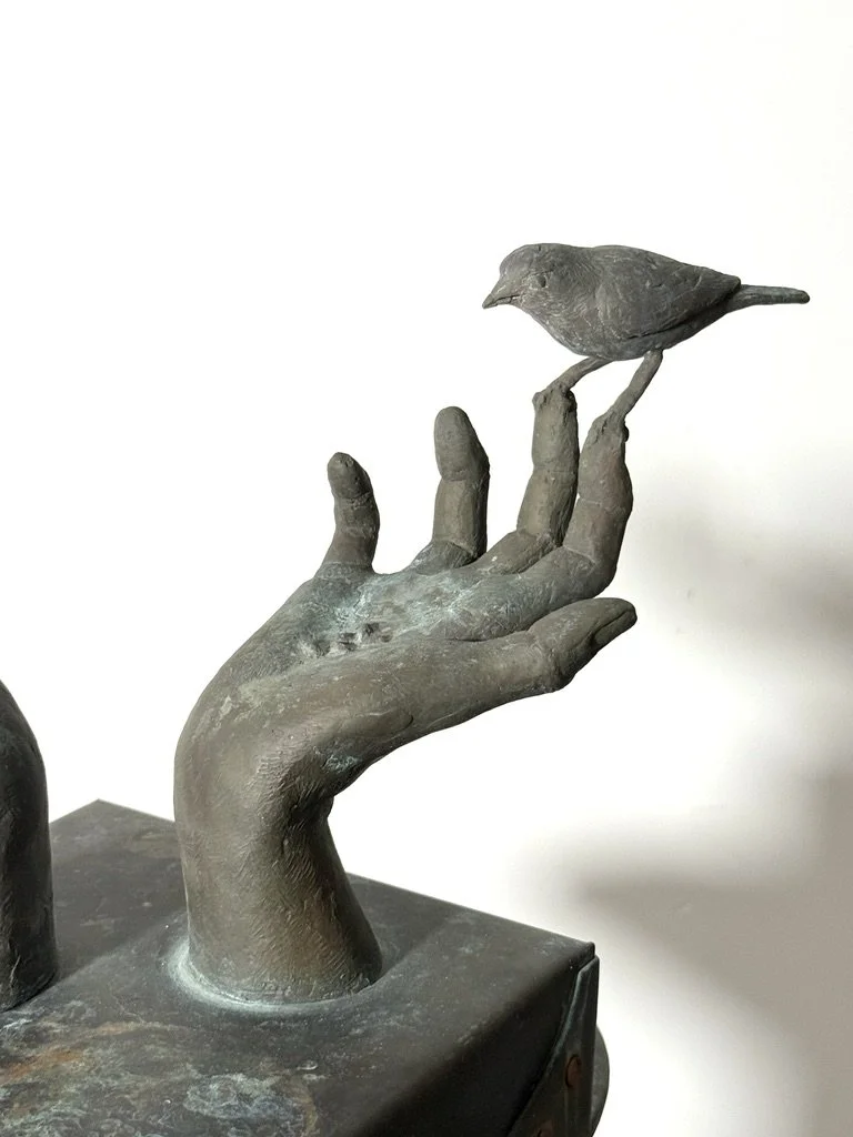 vintage mid century modern bronze totem floor sculpture birds hands bronze abstract surrealist sculpture unique garden outdoor sculpture organic rare stephen veresh