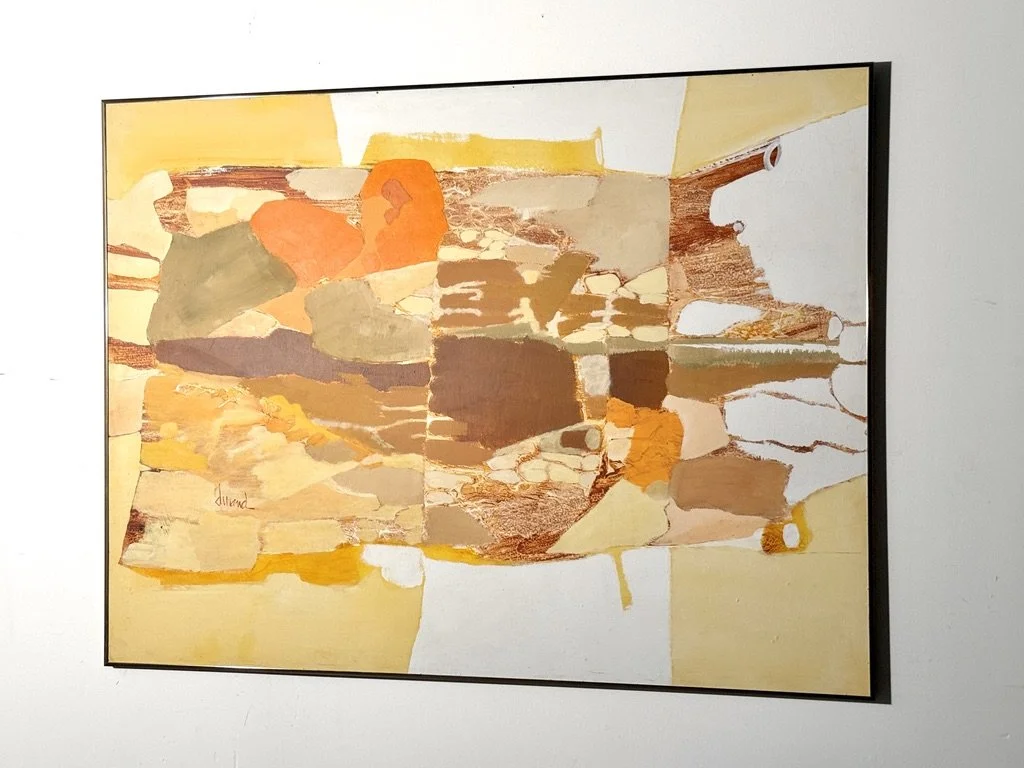 vintage mid century modern abstract organic color block oil painting on canvas signed Joel Durand large earth tone muted orange painting