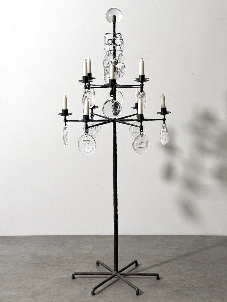 vintage mid century modern brutalist floor lamp floor standing candelabra candelabrum rare unique gothic forged iron hammered iron glass pendant chandelier floor lamp