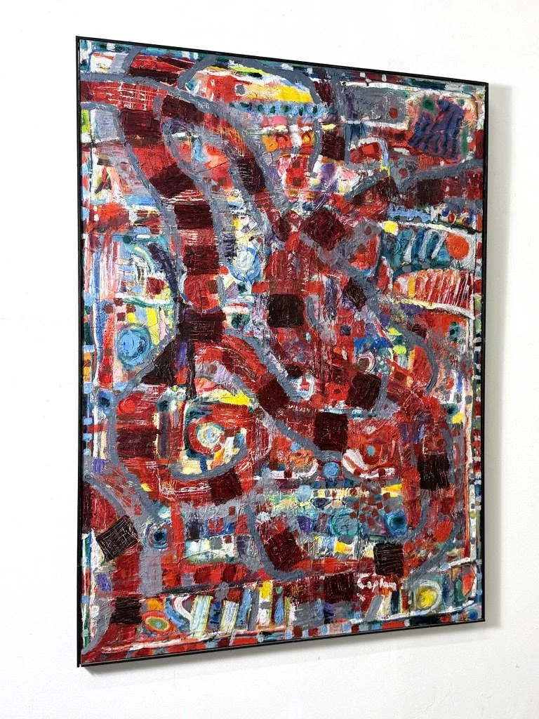 vintage mid century modern original abstract oil painting red large oversized 5 ft painting colorful multi color street art brutalist art large painting