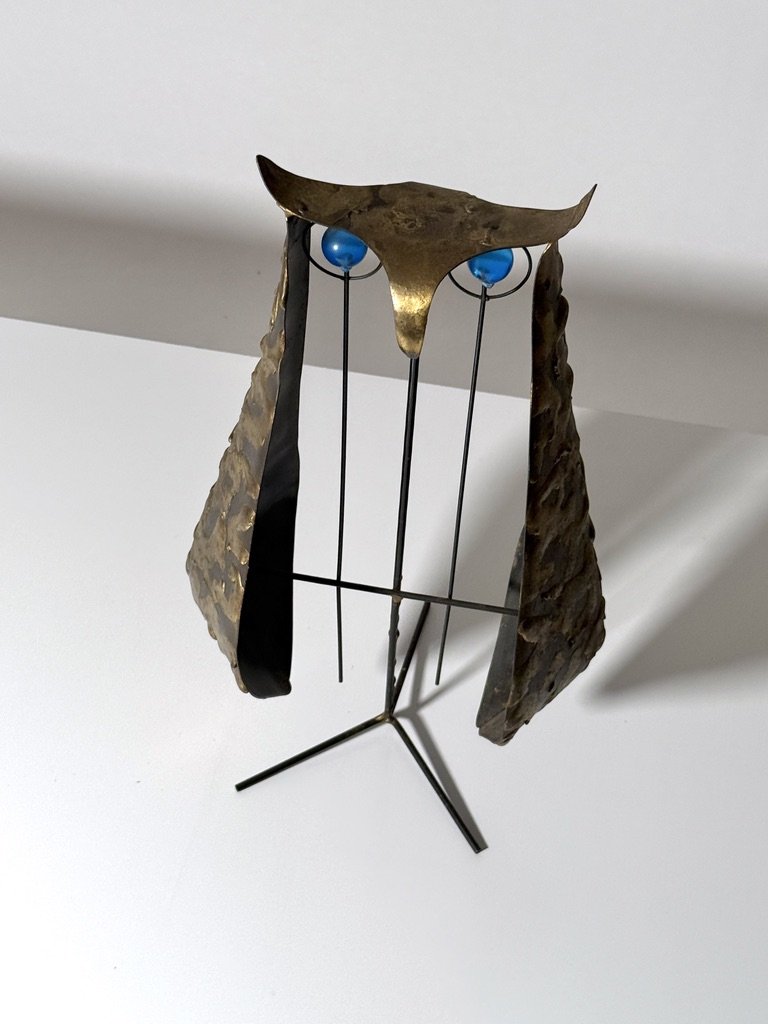 vintage mid century modern brutalist brass metal owl sculpture rare unique mexican curtis jere owl abstract wire sculpture 1960s