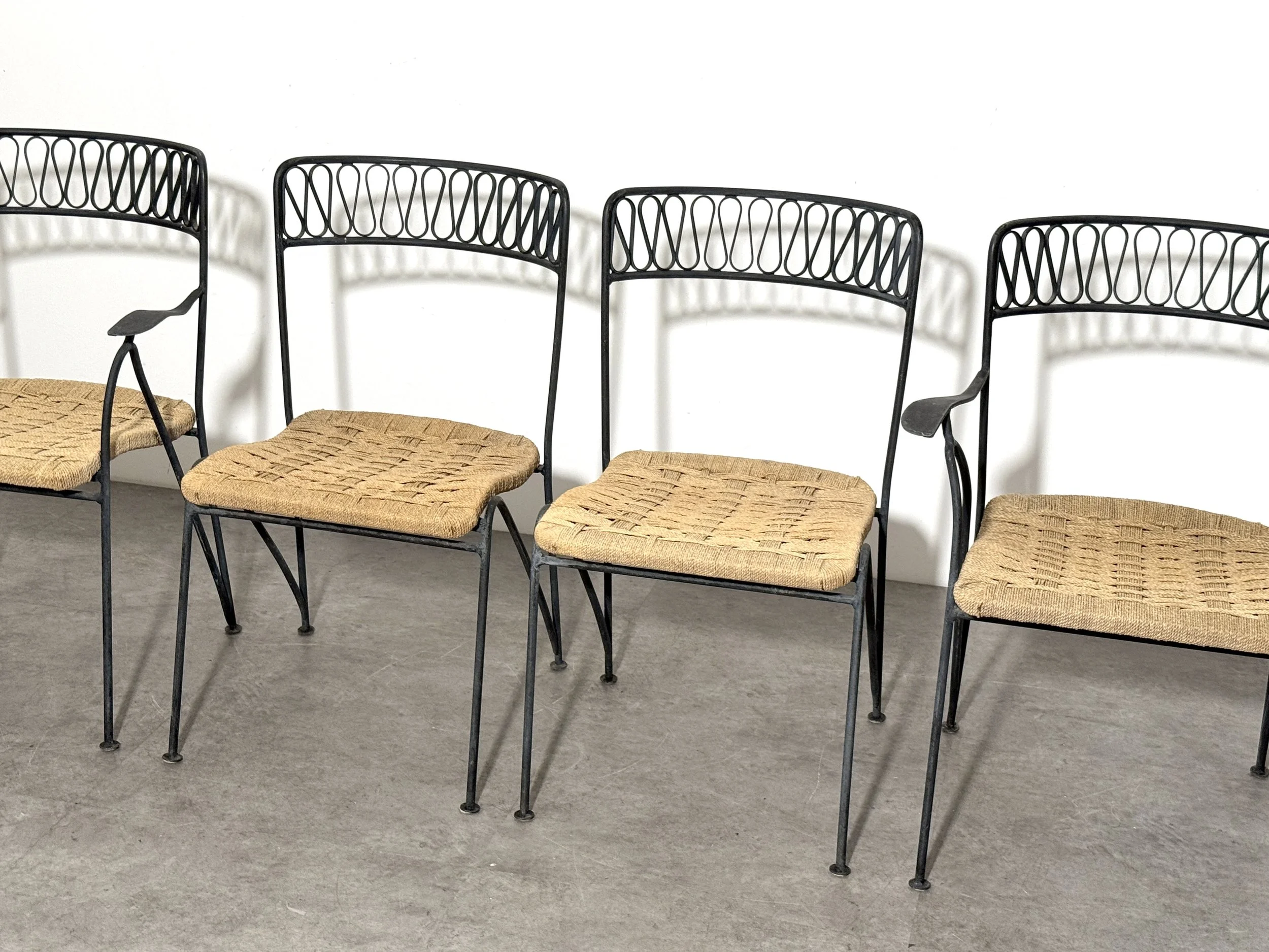 vintage mid century modern italian outdoor dining chairs wroght iron woven seat bistro chairs tempestini salterini ribbon chairs set rare italian outdoor chairs sculptural iron patio chairs