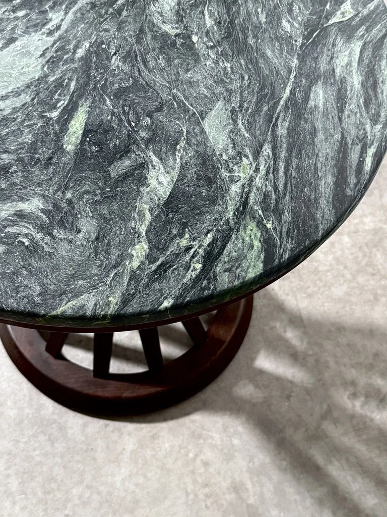vintage mid century modern round side table green marble dark wood sculptural side table rare unique table occasional table edward wormley dunbar italian marble side table vintage modern table