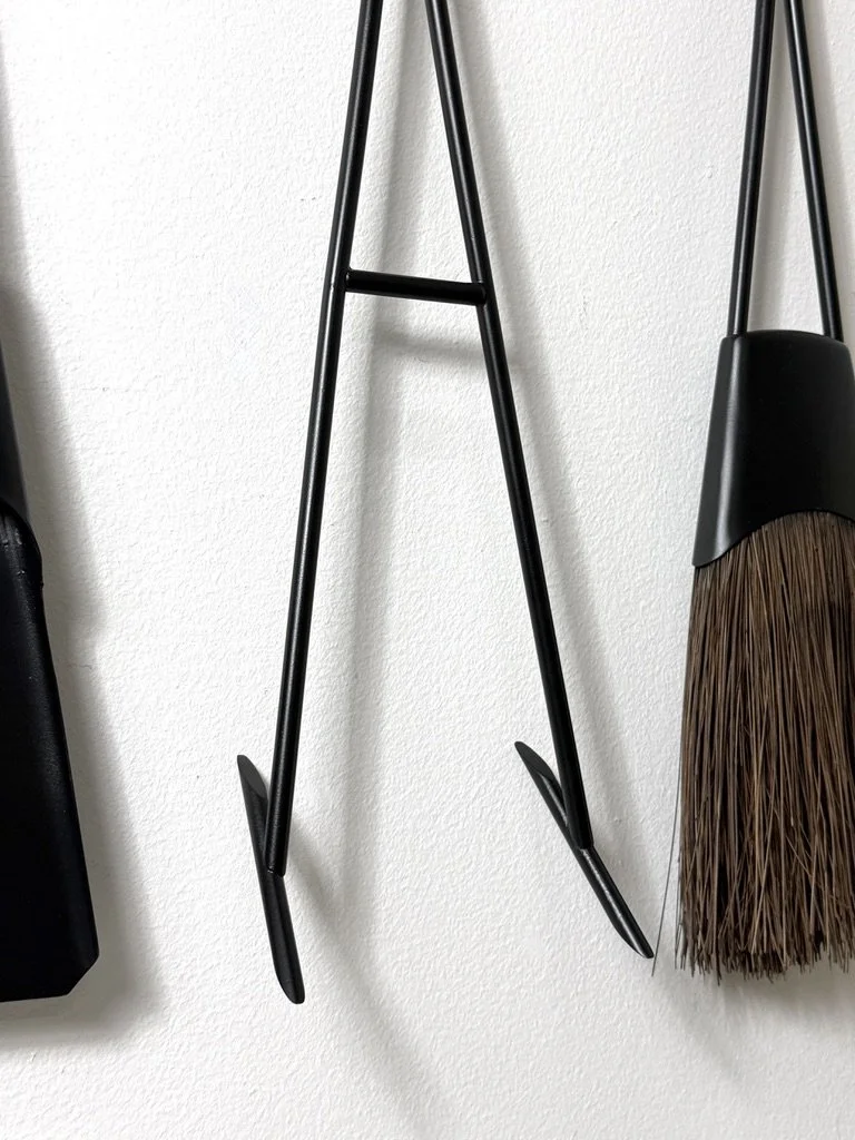 mid century modern fireplace tool set danish fire tools rare set of fire tools scandinavian Dansk fireplace tools Jens Quistgaard modernist wall mounted hanging fire tool set