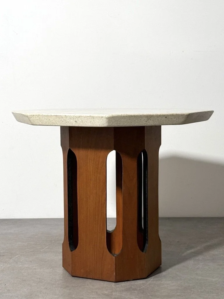 vintage mid century modern travertine terrazzo side table column base pedestal table side table end table occasional table octagon harvey probber dunbar art deco architectural sculptural table