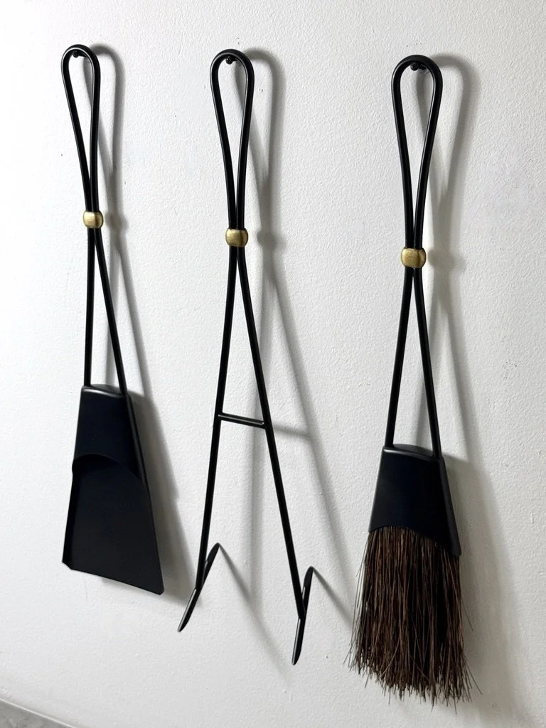 mid century modern fireplace tool set danish fire tools rare set of fire tools scandinavian Dansk fireplace tools Jens Quistgaard modernist wall mounted hanging fire tool set