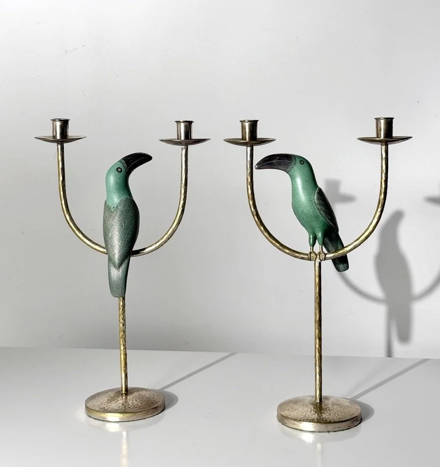 vintage mid century modern sterling silver mexican candle holders emilia castillo parrot candelabras los castillo candlesticks turquoise lapis bird rare candlesticks mexican modern taxco signed